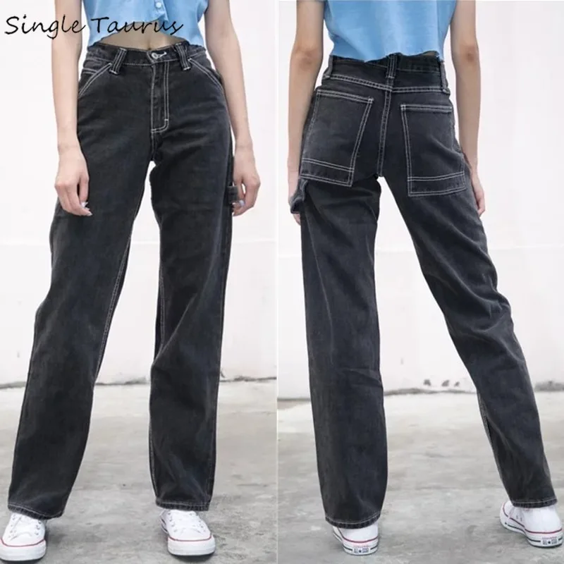 

High Waist Black Gray Jeans Women Fashion Ins Straight Jean for Womans Casual Denim Pants Streetwear White Lines Mom Jeans 2020