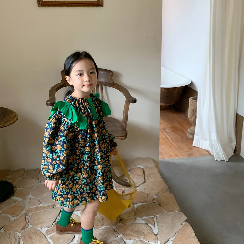 

2021 Girls Autumn New Big Lapel Long-sleeved Floral Dress Boutique Clothes Free Shipping Wholesale Bulk Clothes Princess Dress