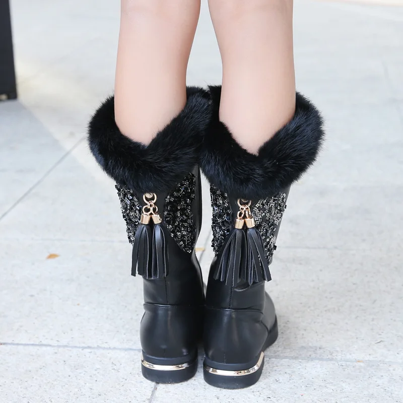 Зимние высокие сапоги для девочек студенческие бархатные кожаные принцессы с