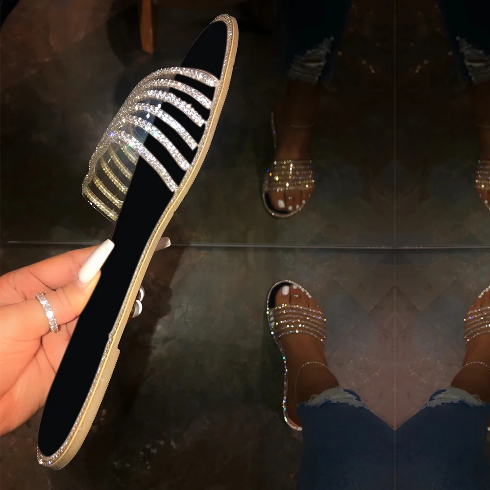 Женские блестящие сандалии со стразами на плоской подошве пляжные шлепанцы