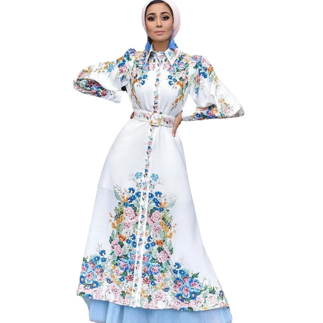 2021 Muslim New Arab Women's Dress Digital Print Midwaist Dress Stylish Puffy Sleeve and Lapel Robe Abayas for Women Caftan