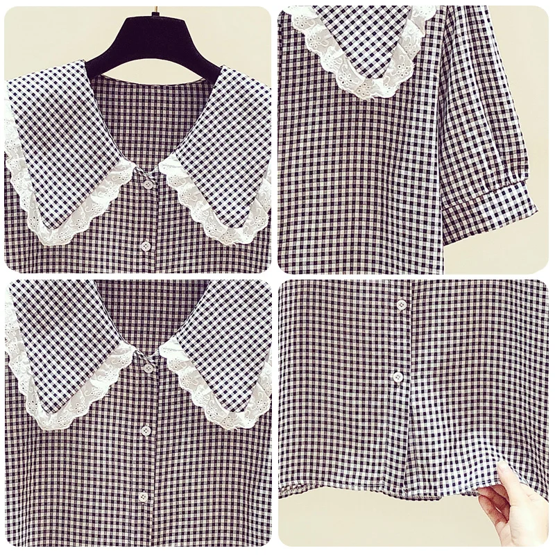 

2021 Year Summer new Solid Shirt Women Blouse Thin Black Multi Style Short Shirts Four Codes Peter pan Collar Office Lady