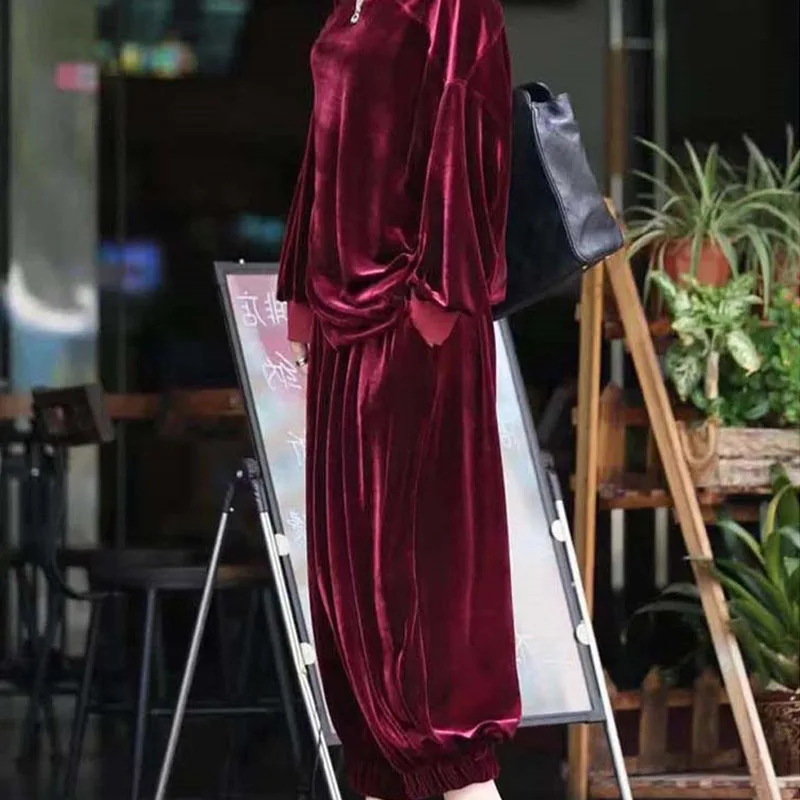 Two Piece Set Female 2021 Spring Autumn Gold Velvet Suit Women Fashion Loose Casual Sports Wide Leg Pants Ropa Mujer |