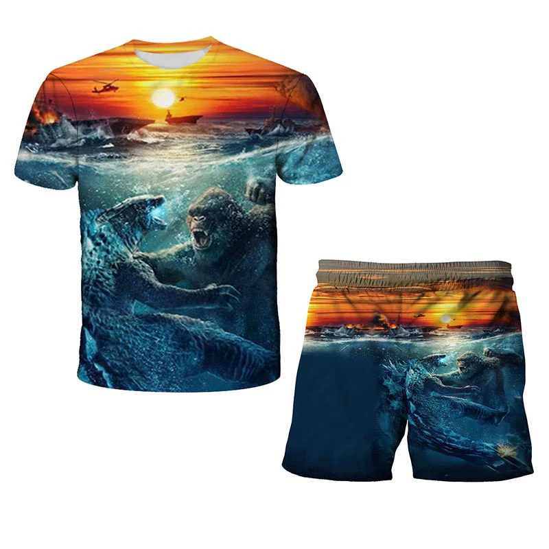 

2021 3D Cartoon Print Kids Summer Movie Monsters Tops Pants Boys Games Anime GirlsUltra-Thin Cool T-Shirt Set