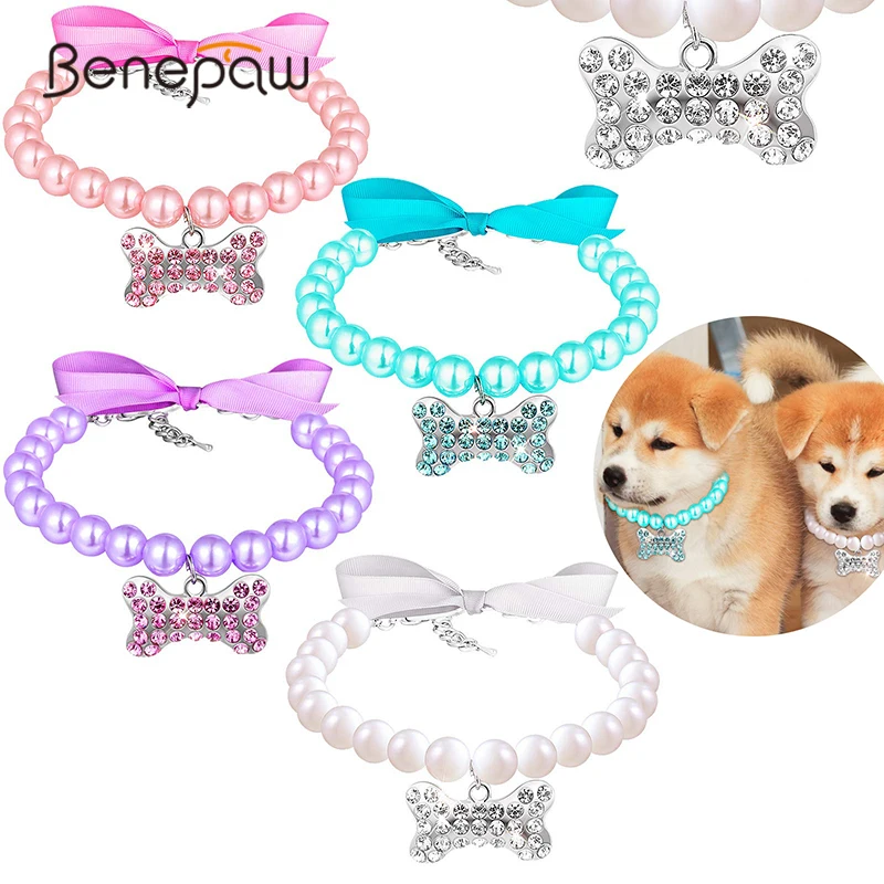 

Benepaw Fashion Small Dog Pearl Necklace with Bone Rhinestone Pet Collar Adjustable Neck Strap for Puppy Cat Party Wedding