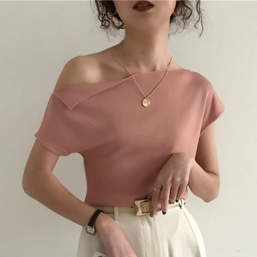 

2021 Korean Style Knitted Top Women T Shirt Summer Sexy One Shoulder Ice Silk Knitting Tshirt Casual Street Chic Tees 7 Colors