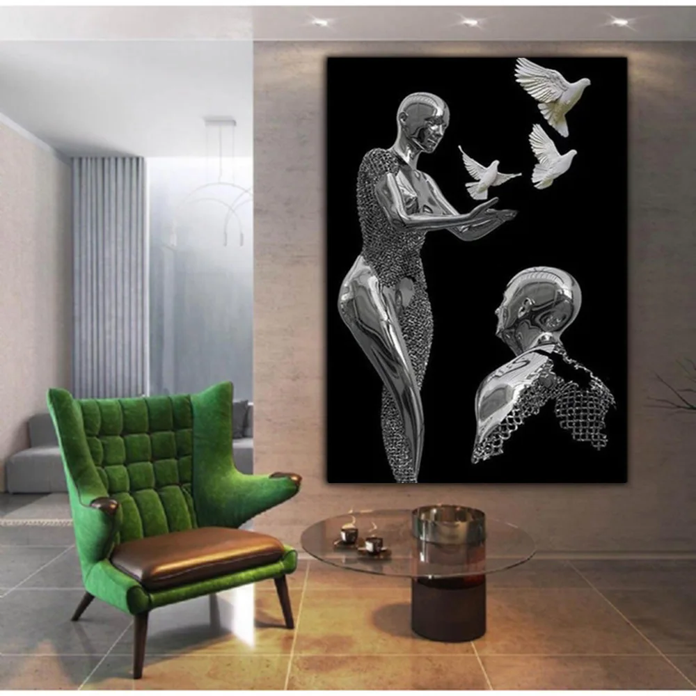 

Metal Figure Statue Peace Dove Wall Canvas Painting Lover Sculpture Poster and Print Pictures for Living Room Wall Decor Cuadros
