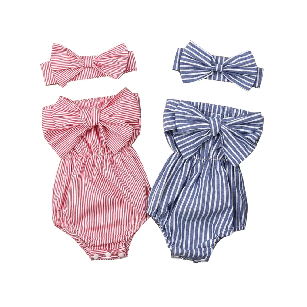 

Pudcoco Newborn Baby Girl 0-24M Clothes Off Shoulder Bowknot Striped Bodysuit Jumpsuit Headband 2Pcs Outfits Set