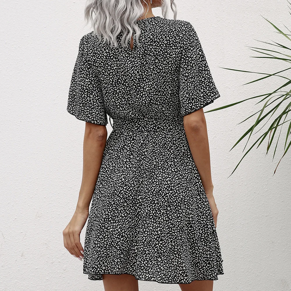 

Hot Sale Casual Women Ruffles Bohe Bandage Short Sleeves Black Mini Dress Dresses for Women 2021 Summer Clothing Women