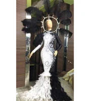 sparkling rhinestones women mermaid tailing dress white black stitching feather evening party birthday celebrate long outfit