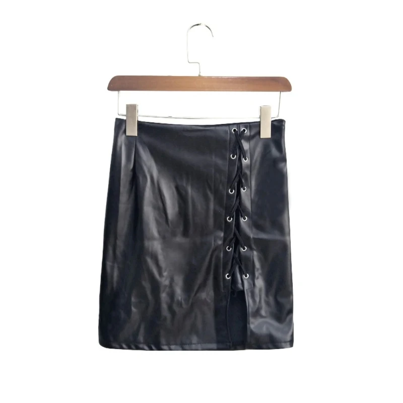 

Strap Hem Split Leather Skirt High Waist Black Package Skirt Skirts Womens