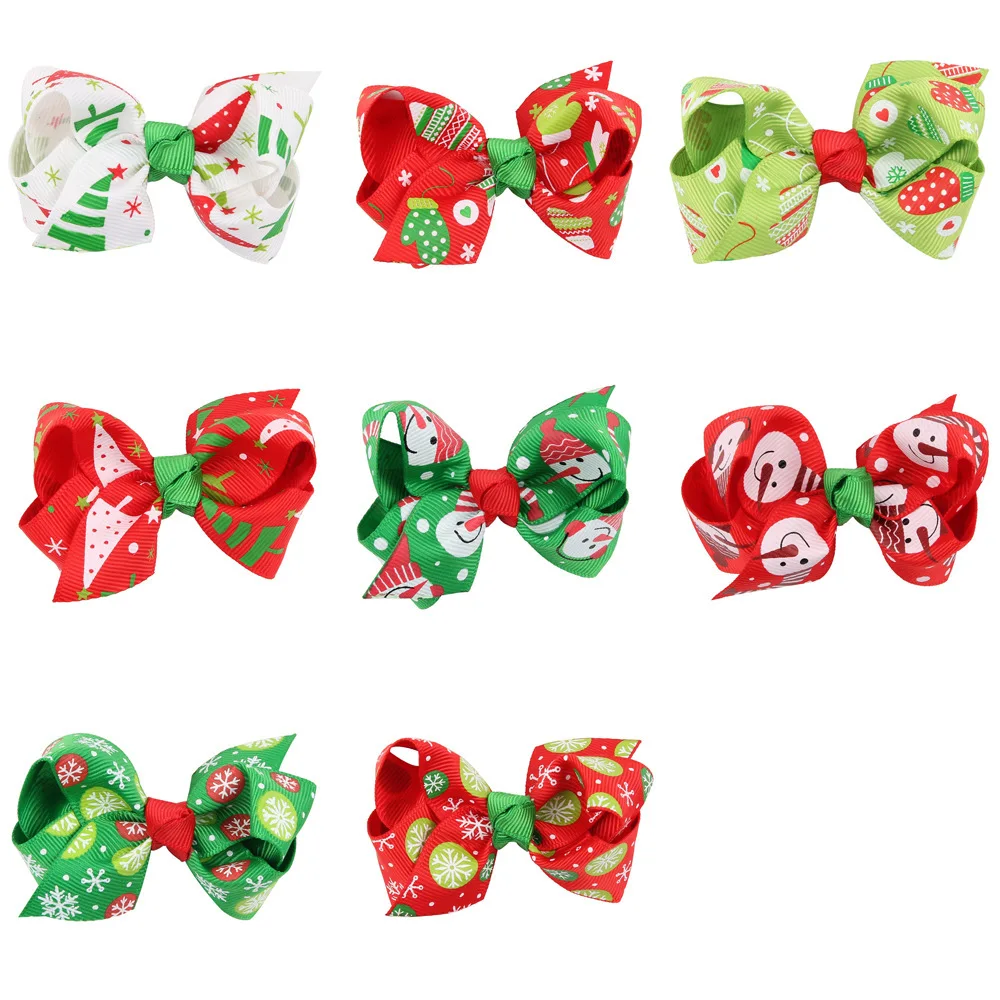 

1PCS 8cm Christmas printed ribbon grosgrain hair bow clip Hair Accessories 044