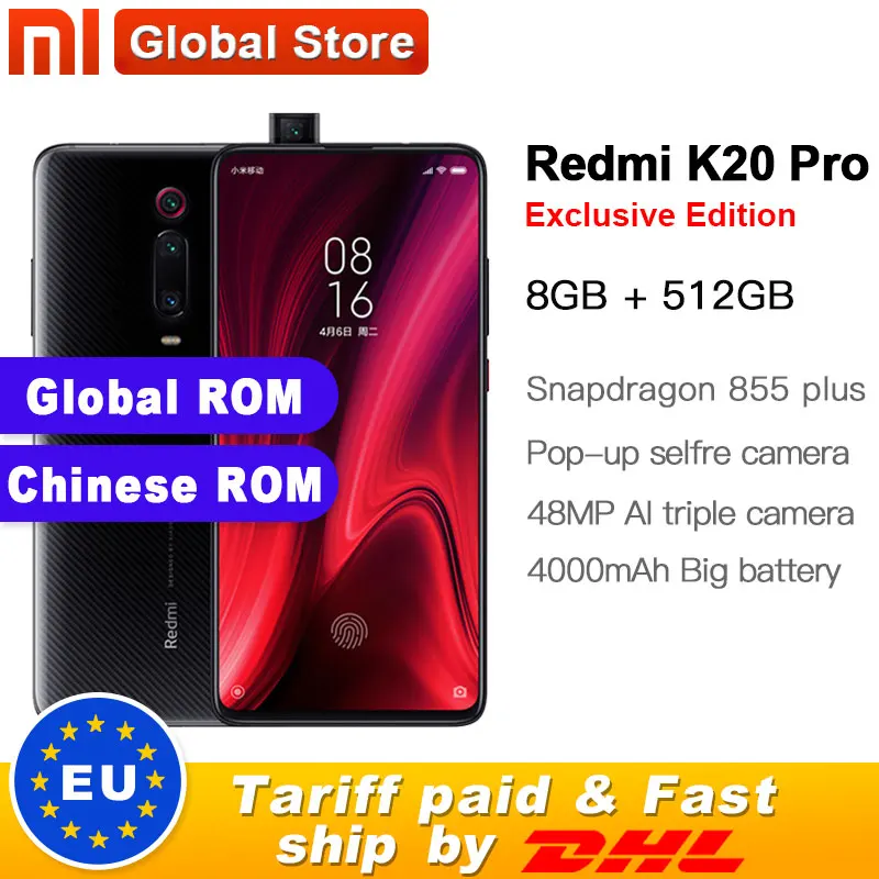 Global ROM Xiaomi Redmi K20 Pro 512GB 8GB Exclusive Edition Mobilephone Snapdragon 855 plus 4000mAh 48MP Triple Cameras 6.39''