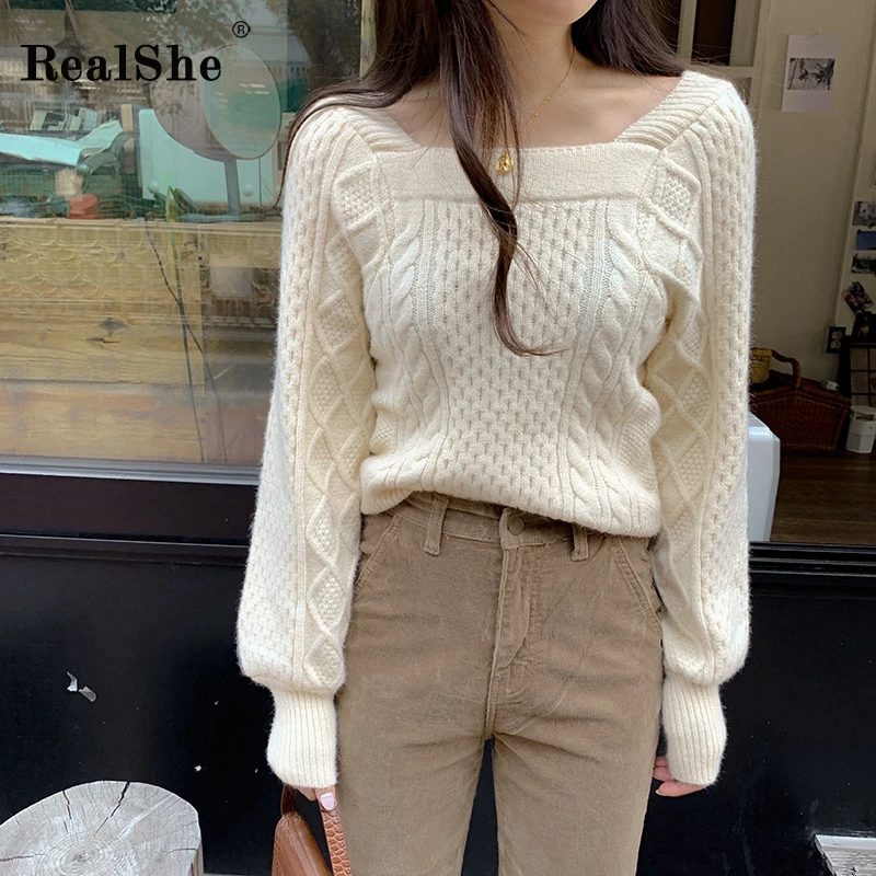 RealShe топы свитера для женщин квадратный воротник длинный рукав однотонный