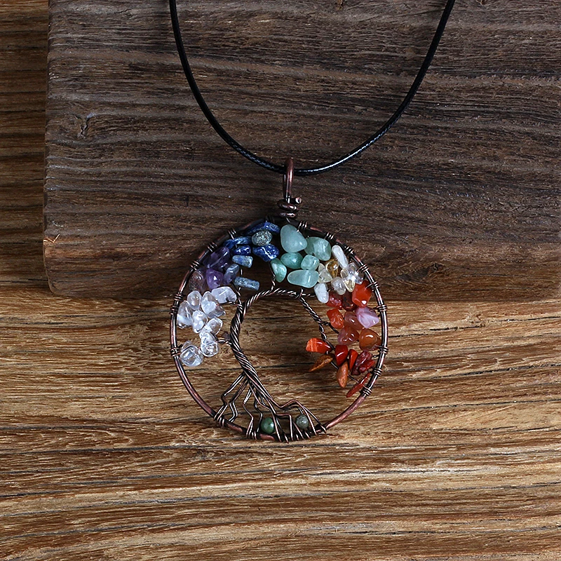 

Energy Stone Tree of Life Pendant Necklaces for Women Leather Chain Amulet Statement Neacelets Men Nature Stone Necklace Jewelry