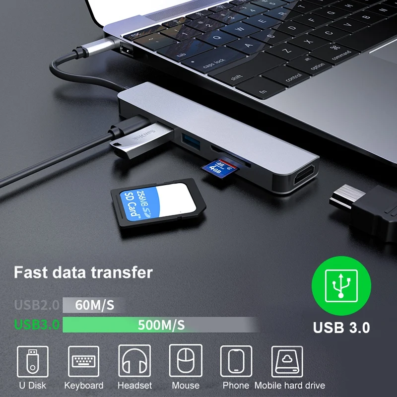 

6 in 1 Type-C To Hdmi Docking Station Pd Fast Charging 87W for Air Pro Notebook with Usb Wide Compatibility