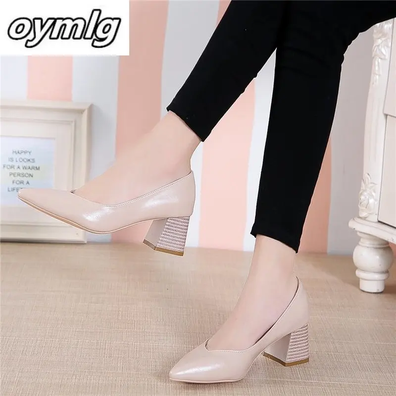 Осень весна Женские туфли лодочки на среднем квадратном каблуке Острый мысок