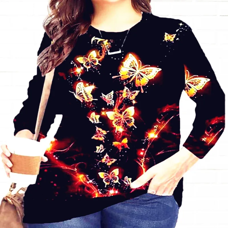 

Winter Spring Autumn Women Plus Sizes Large Big Loose Sexy Casual Printed Vintage T Shirts Tops Full Long Sleeve