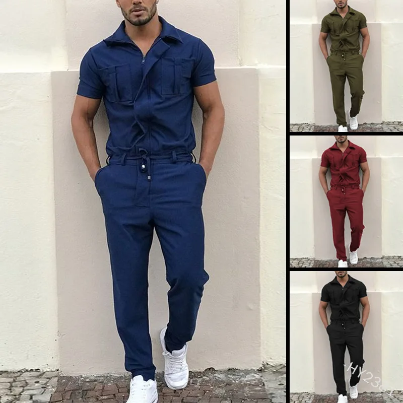 

Men Jumpsuit Summer Short-sleeved Zipper Tie-up Solid Color Pocket Trousers Overalls Outdoor Leisure Training Overalls