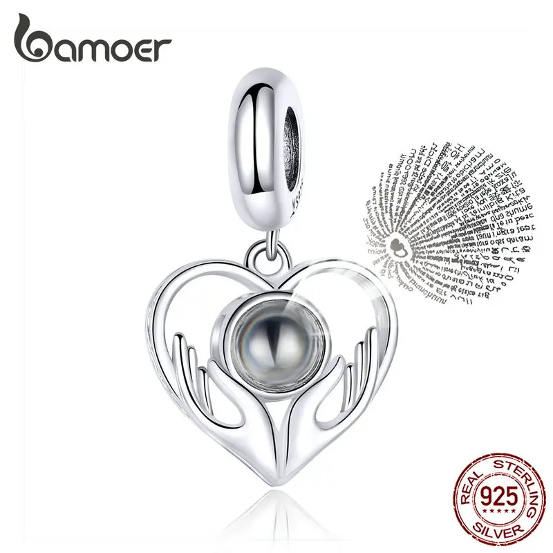 Bamoer 100 язык I Love You сердце Подвеска Шарм для браслета или ожерелья 925 пробы Серебряные Ювелирные изделия Подарки для девочек SCC1307