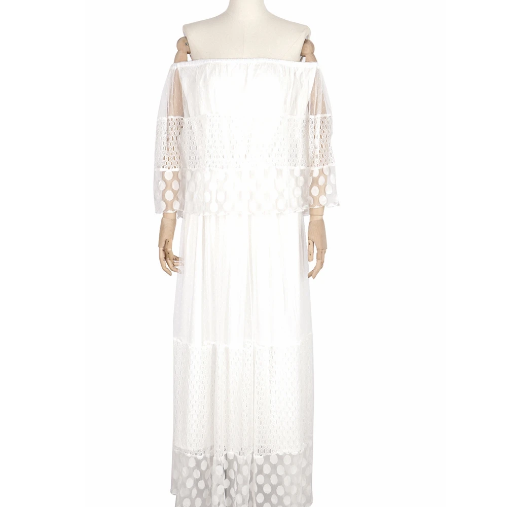

Lugentolo Pleated Sexy Dress Women Summer New Fashion Off The Shoulder Hollow Out Lace Floor-Length Beach Dress