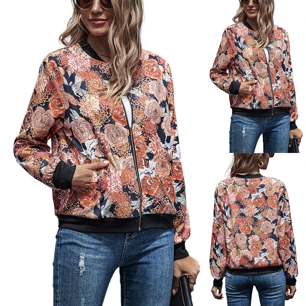 

Женская куртка с цветочным принтом в полоску, повседневное Свободное пальто, пальто в китайском стиле для осени и зимы, бейсбольная куртка-у...