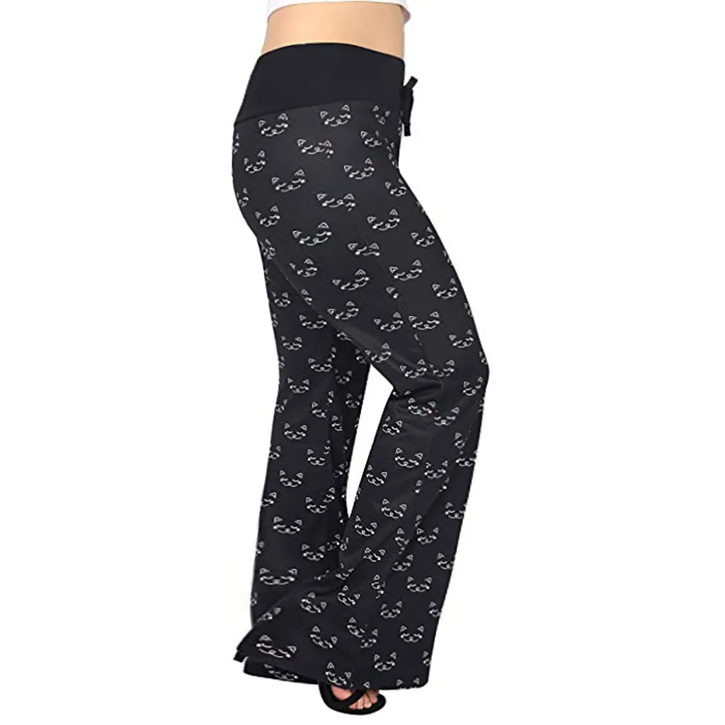

2019 New Style Women Fashion Casual Fashion Print Lacing Elastic Waist Loose Wide Leg Leggings Pants Z816