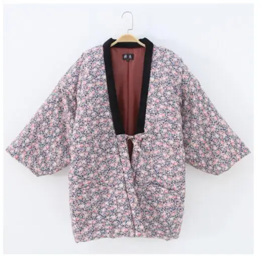 Зимнее женское кимоно Haori, толстая теплая хлопковая стеганая куртка, осенняя Повседневная Домашняя одежда, женское однотонное Свободное пальто H9025 - Цвет: 12
