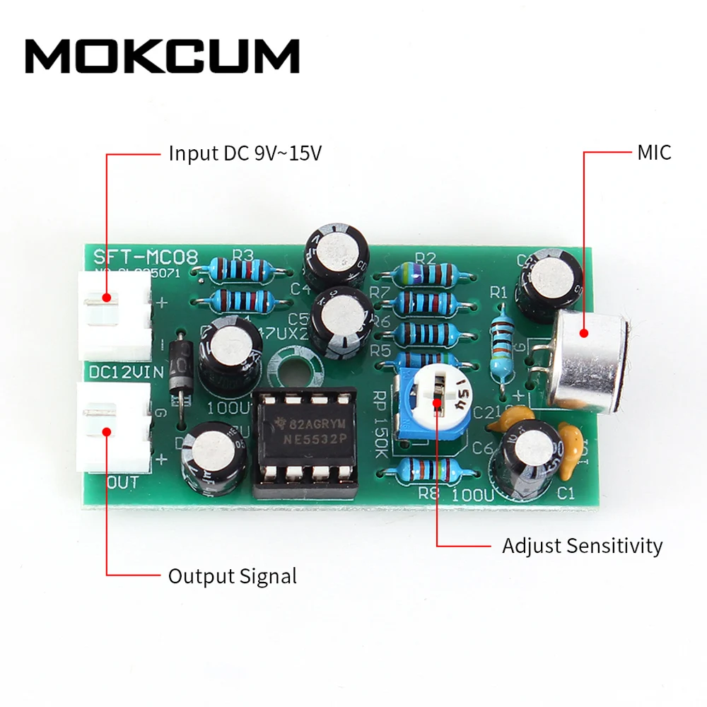 Регулируемый аудиомониторинг емкостный микрофон усилитель платы DC 9V-15V