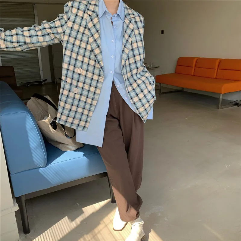 

HziriP OL Formal Vintage Plaid Blazer Women 2021 New Autumn Elegant Cardigan Coat Loose Suit Jacket Female Casual Thin Blazers