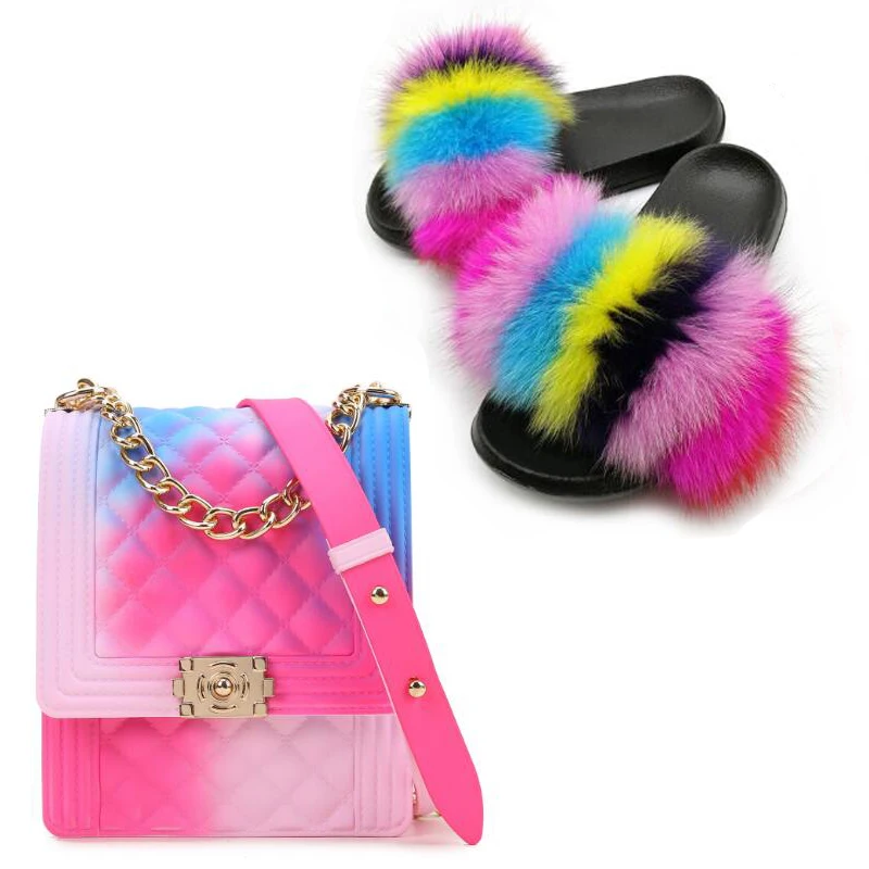 Женские меховые сандалии на плоской подошве модная прозрачная сумочка Яркие