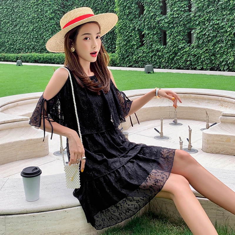 

summer New Women Fashion Round Neck Short Sleeve Off Shoulder Ruffles Cake Lace Holiday Dress 2021