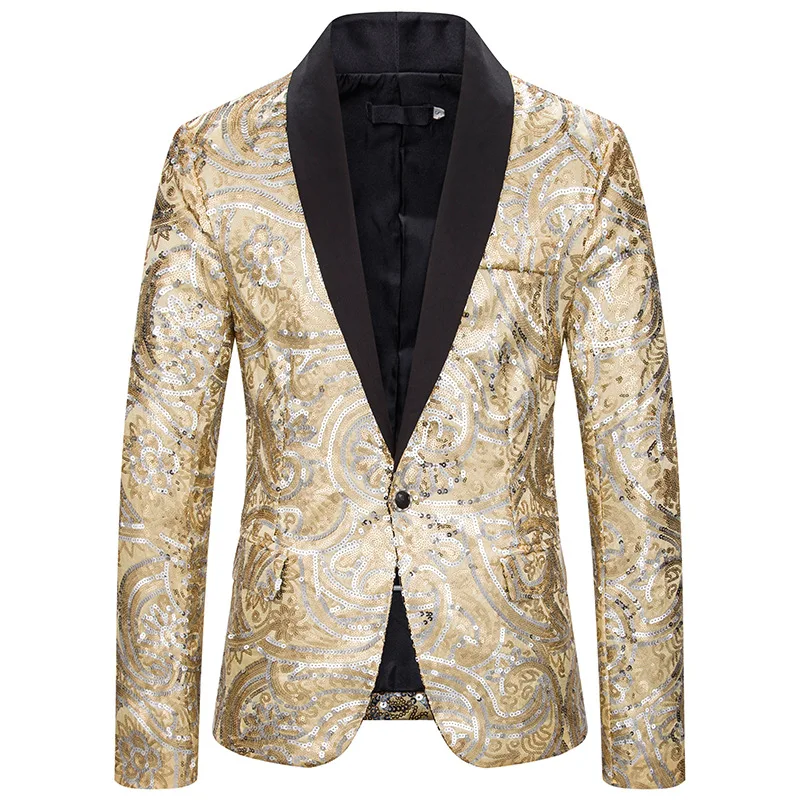 

Fashion Golden One Button Shawl Collar Sequin Suit Jacket Men Nightclub Party Prom Blazer Mens DJ Stage Clothers for Singers