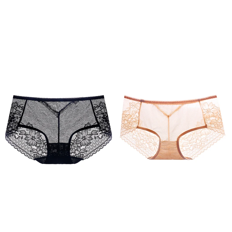 black nude Meizimei, сексуальные цветочные женские штаны, кружевное белье, Ультра тонкое, короткие, хлопковые, прозрачные, размера плюс, трусики, нижнее белье, 2 шт, M, L, XL Размер - Цвет: black nude