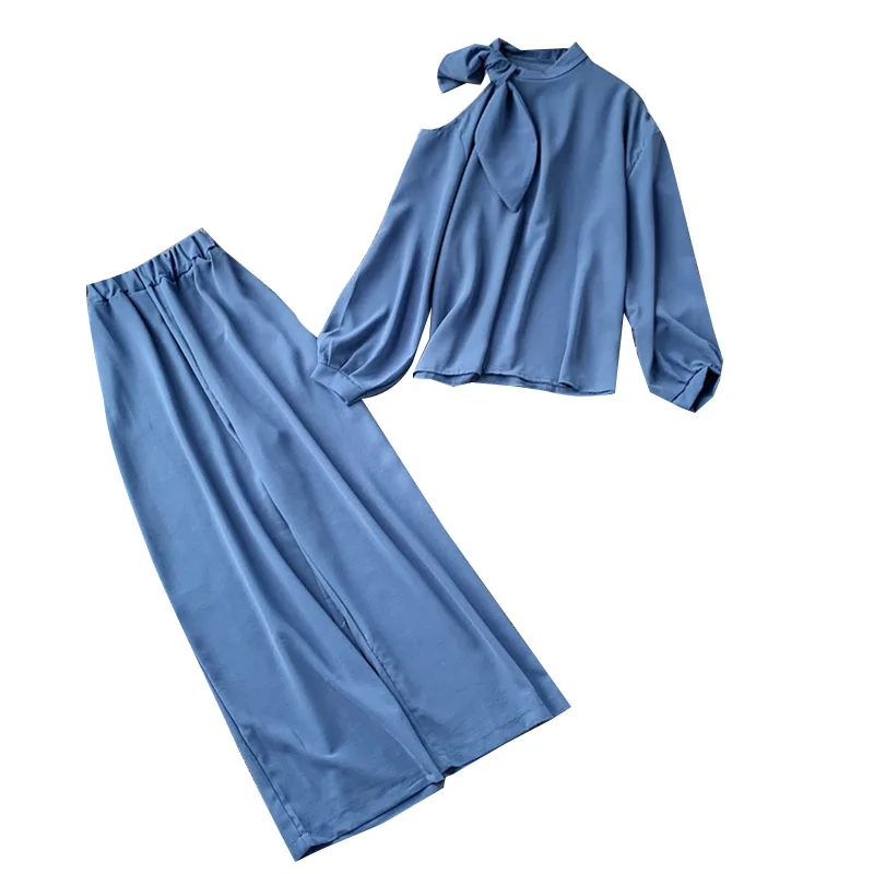 Autumn Women Off Shoulder Bowknot Pullover Suits Blouse &amp Long Leg Pants Urban Ladies Sleeves Elegant Solid 2 Piece Set | Женская