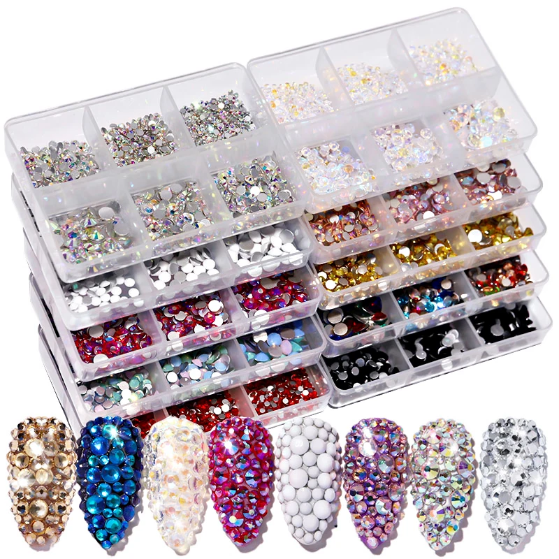 

6 Grids AB Crystal Glass Nail Rhinestones Mix Sizes 3D Flat Bottom Dazzling Diamonds Nails Art Decoration Gems Accessories