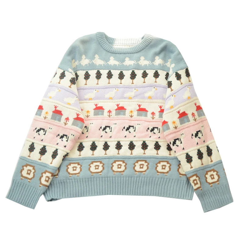 

Korejepo Women Sweater 2021 Autumn Japanese Style Sweet Cute Girls Duck Jacquard O-Neck Pullover Thicken Sweater Retro Knitwear