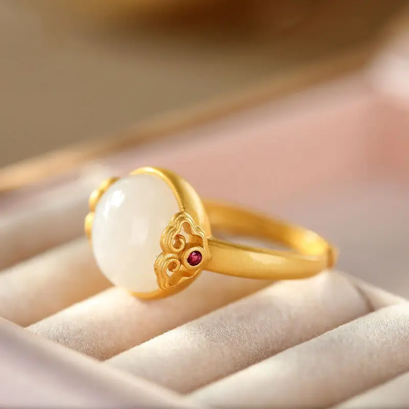 

Original Design Natural Hetian Jade Ruyi Xiangyun Ring Female S925 Sterling Silver Hetian Jade Opening Adjustable Gift