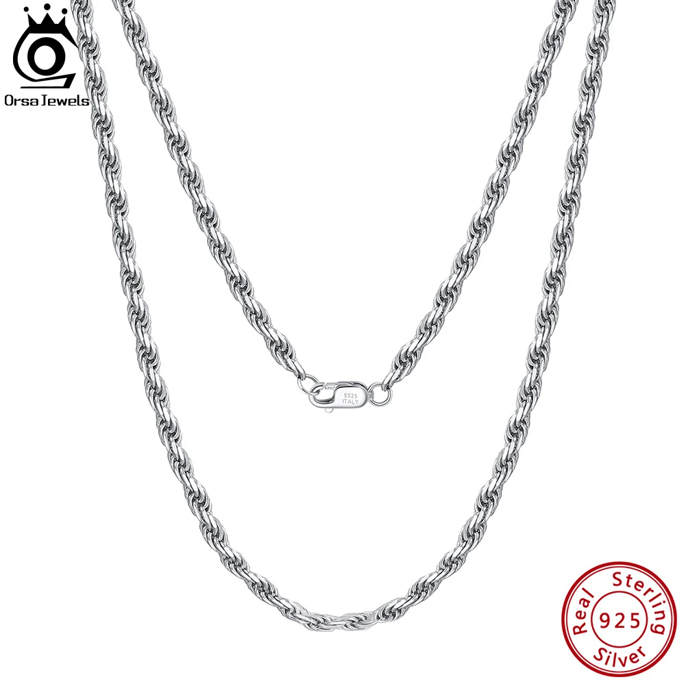 

ORSA JEWELS Italian Handmade 925 Sterling Silver 3.3mm Thick Diamond-Cut Rope Chain Necklace for Man Woman Matching Chain SC29