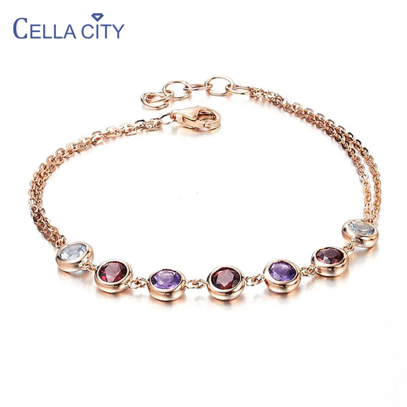 Женский браслет из серебра 925 пробы с аметистом и Рубином|Гибкие жесткие