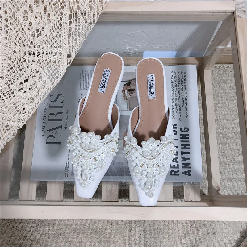 

Slippers Women Summer Flat Shoes Female Cover Toe Slides Pantofle Fashion 2021 Luxury Hoof Heels Rubber PU Basic Fabric Shoes Wo
