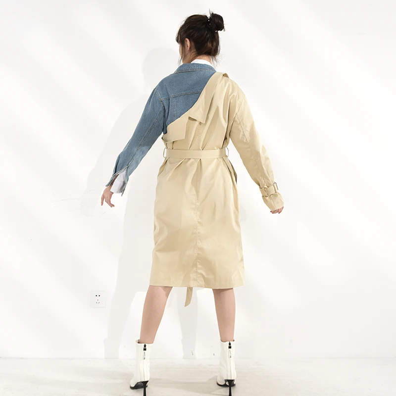 

[EAM] Women Irregular Denim Blue Long Trench New Lapel Long Sleeve Loose Fit Windbreaker Fashion Tide Spring Autumn 2021 YE5371