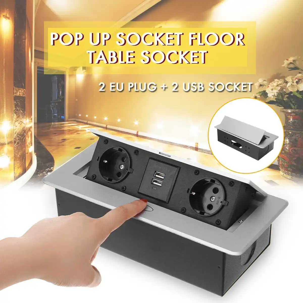 Серебристая розетка из алюминиевого сплава 16 А с 2 разъемами питания EU два порта