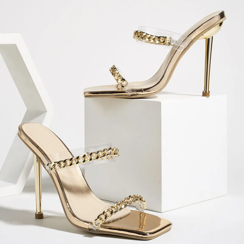 

Новый дизайн, женские туфли-лодочки с золотой цепочкой, тапочки, уличные модные сандалии на каблуке для женщин, сланцы, летняя обувь rfv4