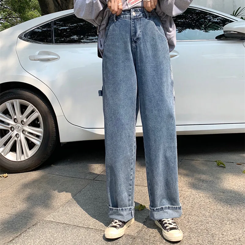 Женские джинсовые брюки SML свободные синие с высокой талией и широкими штанинами