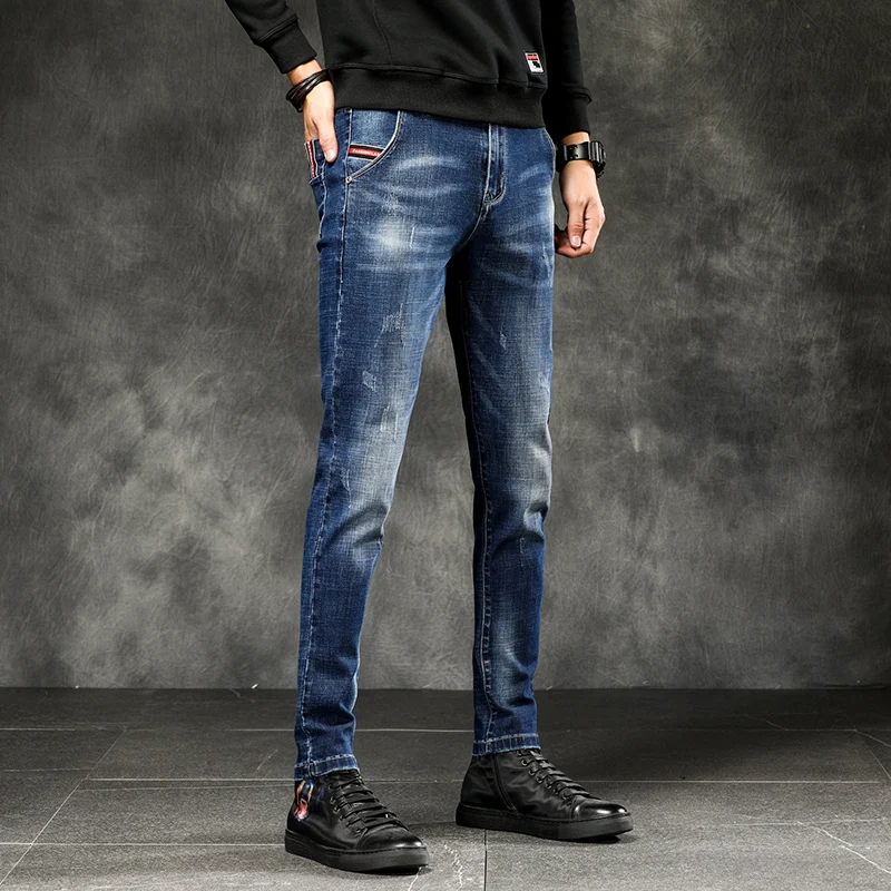

Men's Jeans Spring Winter 2020 New Warm Slim Fit Business Fashion Thicken Denim Trousers Black Blue Jeans Men