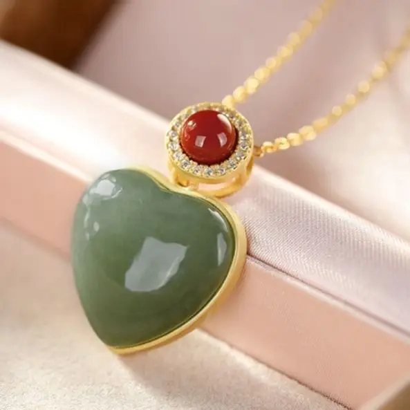 

Natural Hetian green chalcedony Love Pendant Necklace Chinese style retro minority design charm women's brand jewelry