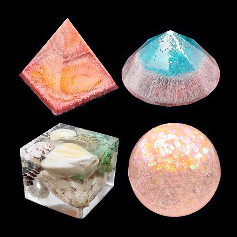 

48Pcs 3D Pyramid Cubic Sphere Diamond Resin Casting Molds Large Clear Silicone Epoxy Resin Molds Mixing Cups Tools KIt