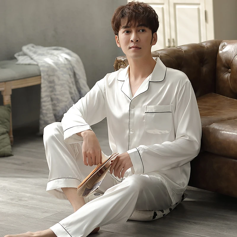 

Summer Satin Silk Pajamas For Men Long Sleeve Sleepwear Men Thin Nightwear Homewear Pijamas Hombres PJ Set White Pyjama Homme