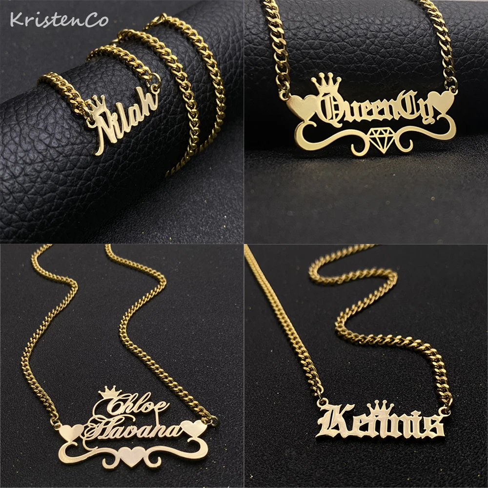 KristenCo Custom Name Necklace Stainless Steel Gold Choker Cuban Chain Personalized Nameplate Pendant Necklace For Women Gifts